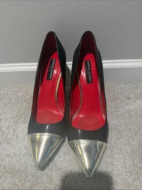 Charles Jourdan Black Pumps with Gold Cap Toe and Red Interior